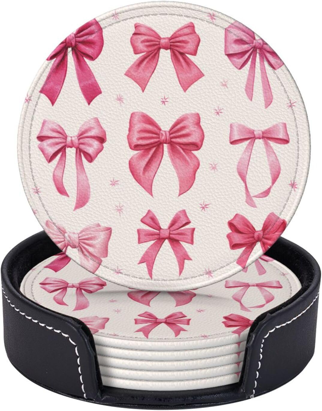 Light Pink Bows in Three Rows Premium Leather Coasters, Set of 6 with Holder, Stylish Beverage Coasters for Kitchen Coffee Bar