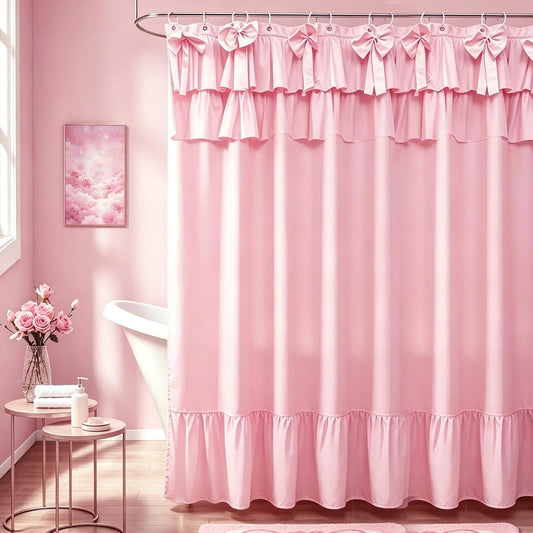 Pink Cottagecore Shower Curtain with Bows - Ruffled Farmhouse Bathroom Decor, Vintage Country Chic Fabric Curtain Sets, Machine Washable, 72x72