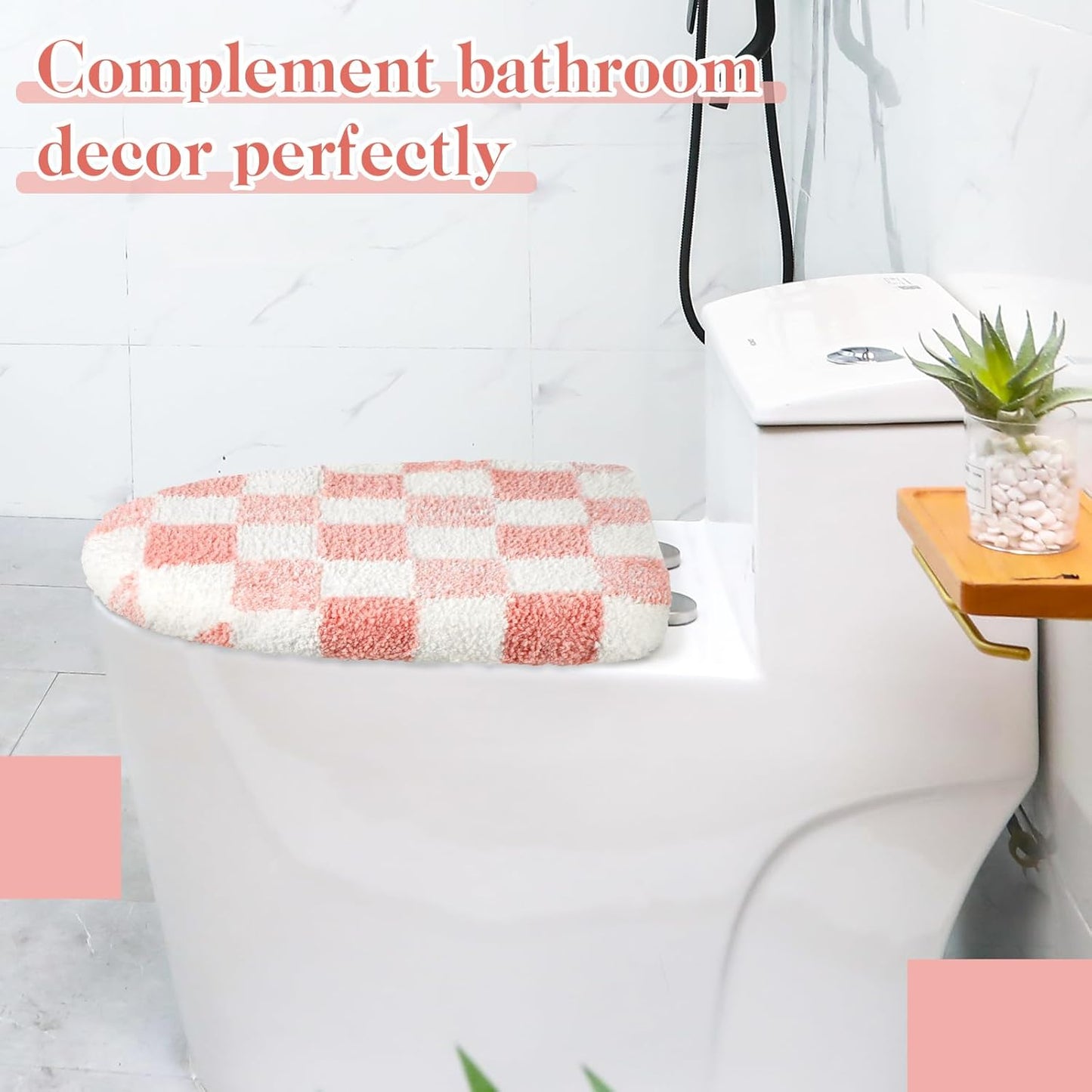 HunnmingRe Pink White Checkered Bathroom Toilet Lid Cover Soft Microfiber Toilet Top Cover 17.5" x 15" Washable Aesthetic Bathroom Decor Fits Most Round, Elongated and Oblong Lids, Machine Washable