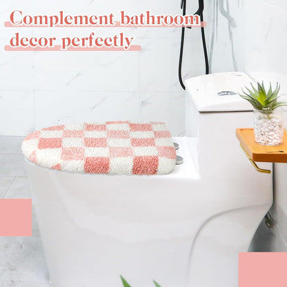 HunnmingRe Pink White Checkered Bathroom Toilet Lid Cover Soft Microfiber Toilet Top Cover 17.5" x 15" Washable Aesthetic Bathroom Decor Fits Most Round, Elongated and Oblong Lids, Machine Washable