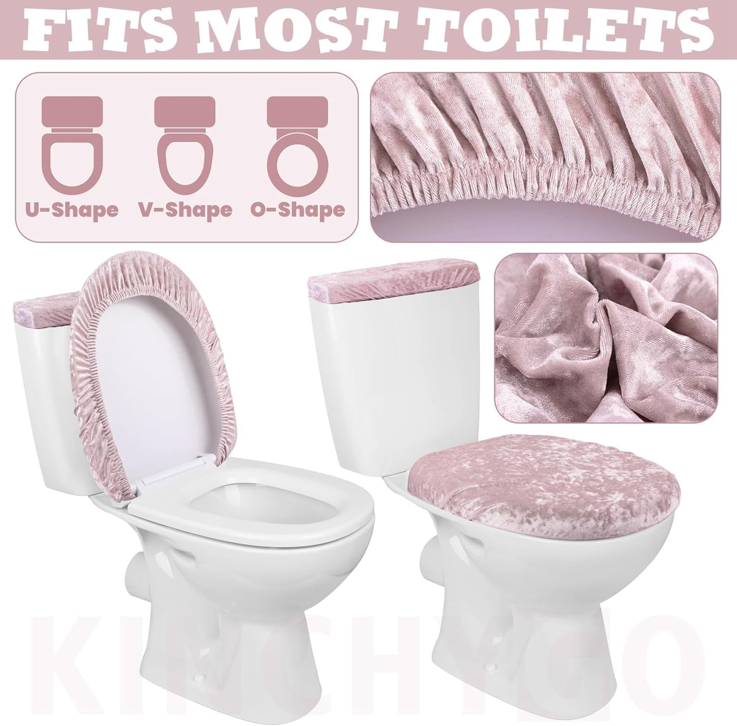 Stretch Velvet Toilet Lid Cover and Tank Lid Cover Set With Elastic Bottom for Bathroom Decor (Pink)