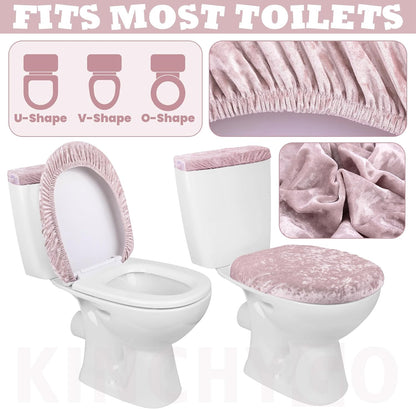 Stretch Velvet Toilet Lid Cover and Tank Lid Cover Set With Elastic Bottom for Bathroom Decor (Pink)