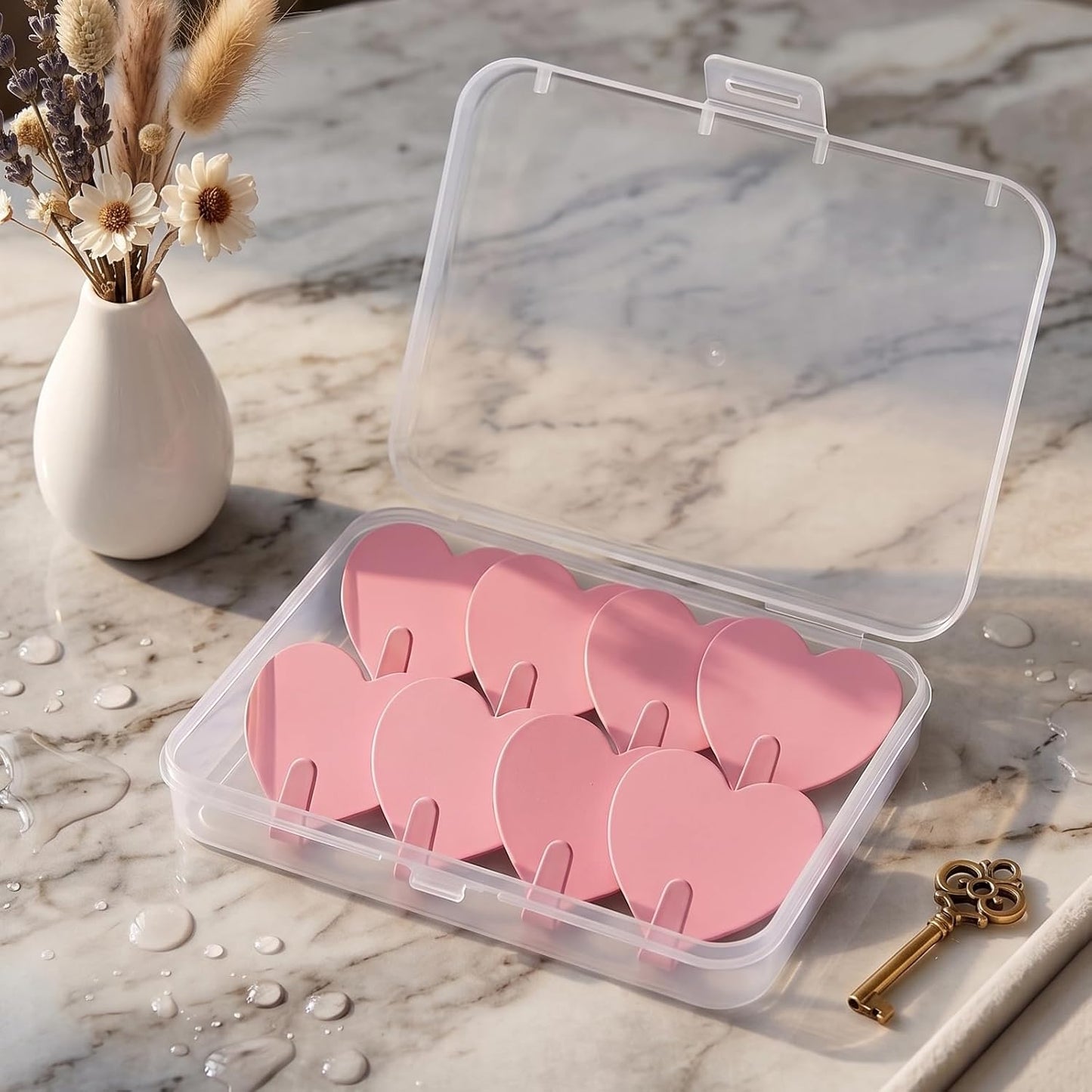 Heart Wall Hooks, 8 Pack, Small Pink Decorative Accessories, Purse Hanger for Girls Room, Stainless Steel, Sturdy Adhesive for Hanging Keys, Bags, Towels, Clothes