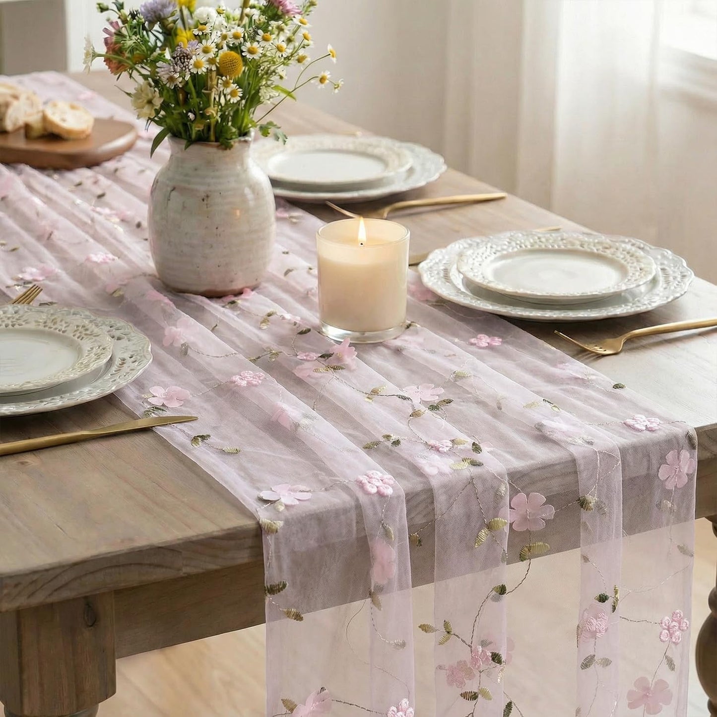 Artoid Mode 3D Flower Pink Gauze Embroidery Table Runner 120 Inch 10FT, Tulle Seasonal Spring Kitchen Dining Holiday Table Decor for Home Party
