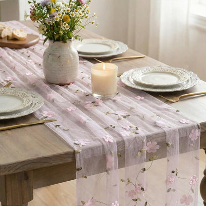 Artoid Mode 3D Flower Pink Gauze Embroidery Table Runner 120 Inch 10FT, Tulle Seasonal Spring Kitchen Dining Holiday Table Decor for Home Party