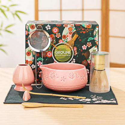 Matcha Whisk Set with 550ml Spouted Ceramic Bowl, 80-Prong Bamboo Chasen, Stainless Steel Sifter, Whisk Holder & Scoop – Complete Japanese Matcha Kit for Beginners, Gift Set for Tea Lovers-Pink