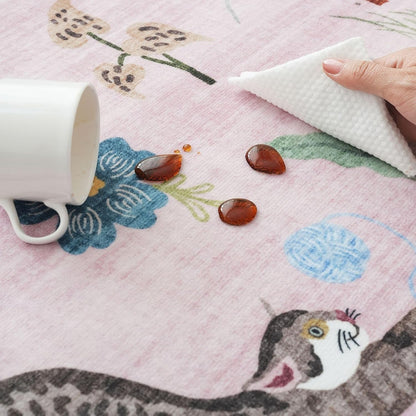 Rugcomf Living Room Rug 5x7 Rug Machine Washable Boho Area Rug Non Slip Floral Animal Cat Vintage Low Pile Large Rugs for Living Room Bedroom Farmhouse Dining Room Kids Playroom, Pink