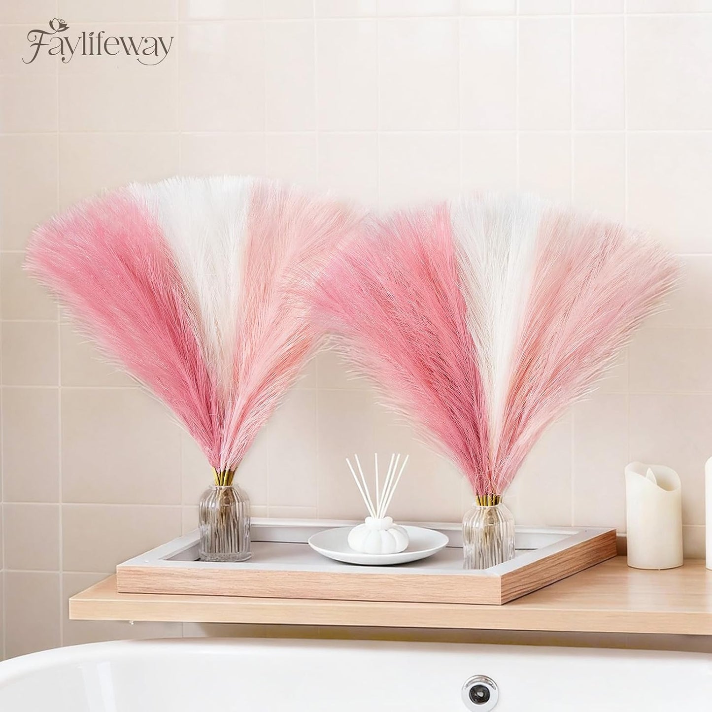 50pcs Pampas Grass 17in for Living Room Decor, Blush Pink Pampas Grass Decor, Fluffy Pink Flowers for Home Birthday Bathroom Baby Shower Wall Bow Decor(Blush & Cream & Pink)
