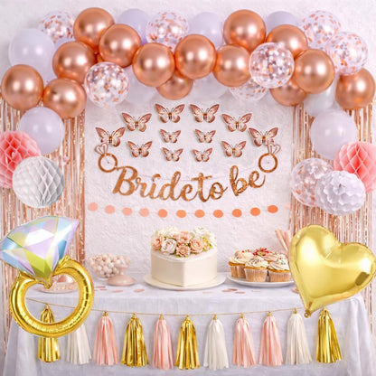 SHYDUCK Rose Gold Bridal Shower Decoration in Clearance, Bachelorette Party Decor with Bride To Be Banner, 3D Butterfly Wall Decor, Balloons, Fringe Curtain & Balloon Arch Strip (Pink)
