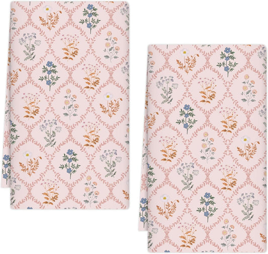 Quera 2 Pack Floral Kitchen Towels Vintage Pink Dish Cloth Decorative Counter Tea Towels for Drying Cleaning Kitchen Home Decoration Gifts- 15.7 * 23.6 inch