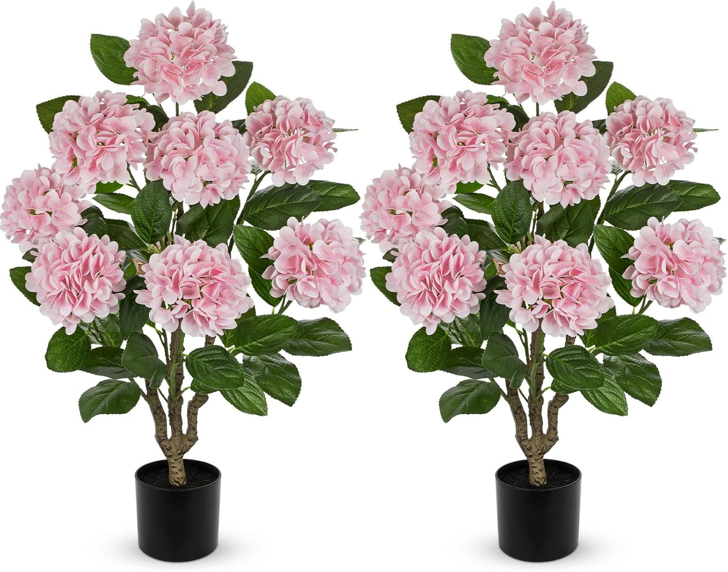 3FT Pink Hydrangea Artificial Flowers Tree 2 Pack Large Real Touch Faux Silk Hydrangea Plants Potted Fake Flower in Black Pot for Home Indoor Outdoor Front Porch Garden Entrance Living Room Decor