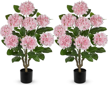 3FT Pink Hydrangea Artificial Flowers Tree 2 Pack Large Real Touch Faux Silk Hydrangea Plants Potted Fake Flower in Black Pot for Home Indoor Outdoor Front Porch Garden Entrance Living Room Decor