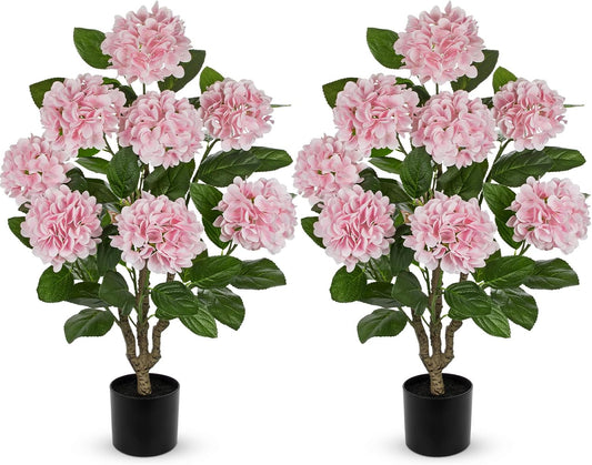 3FT Pink Hydrangea Artificial Flowers Tree 2 Pack Large Real Touch Faux Silk Hydrangea Plants Potted Fake Flower in Black Pot for Home Indoor Outdoor Front Porch Garden Entrance Living Room Decor