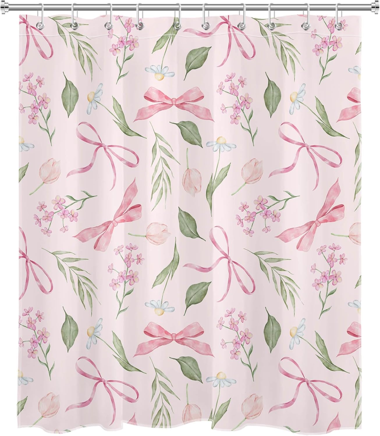 Pink Bow Floral Shower Curtain Bows with Vintage Flower Pink and Green Shower Curtain Set for Girls Bathroom Summer Wildflower Plant Cute Bathroom Shower Fabric Curtains with Hook,60x72 Inch