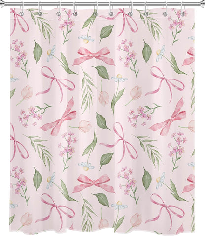 Pink Bow Floral Shower Curtain Bows with Vintage Flower Pink and Green Shower Curtain Set for Girls Bathroom Summer Wildflower Plant Cute Bathroom Shower Fabric Curtains with Hook,60x72 Inch