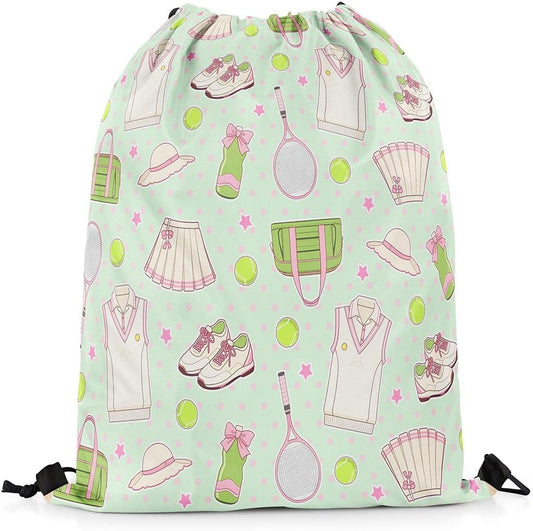 Castle Fairy Tennis Drawstring Backpack Mint Green Pink Sackpack for Gym Sports,Tennis Racket Balls Water Resistant String Bag,Preppy Sports,13"X16"