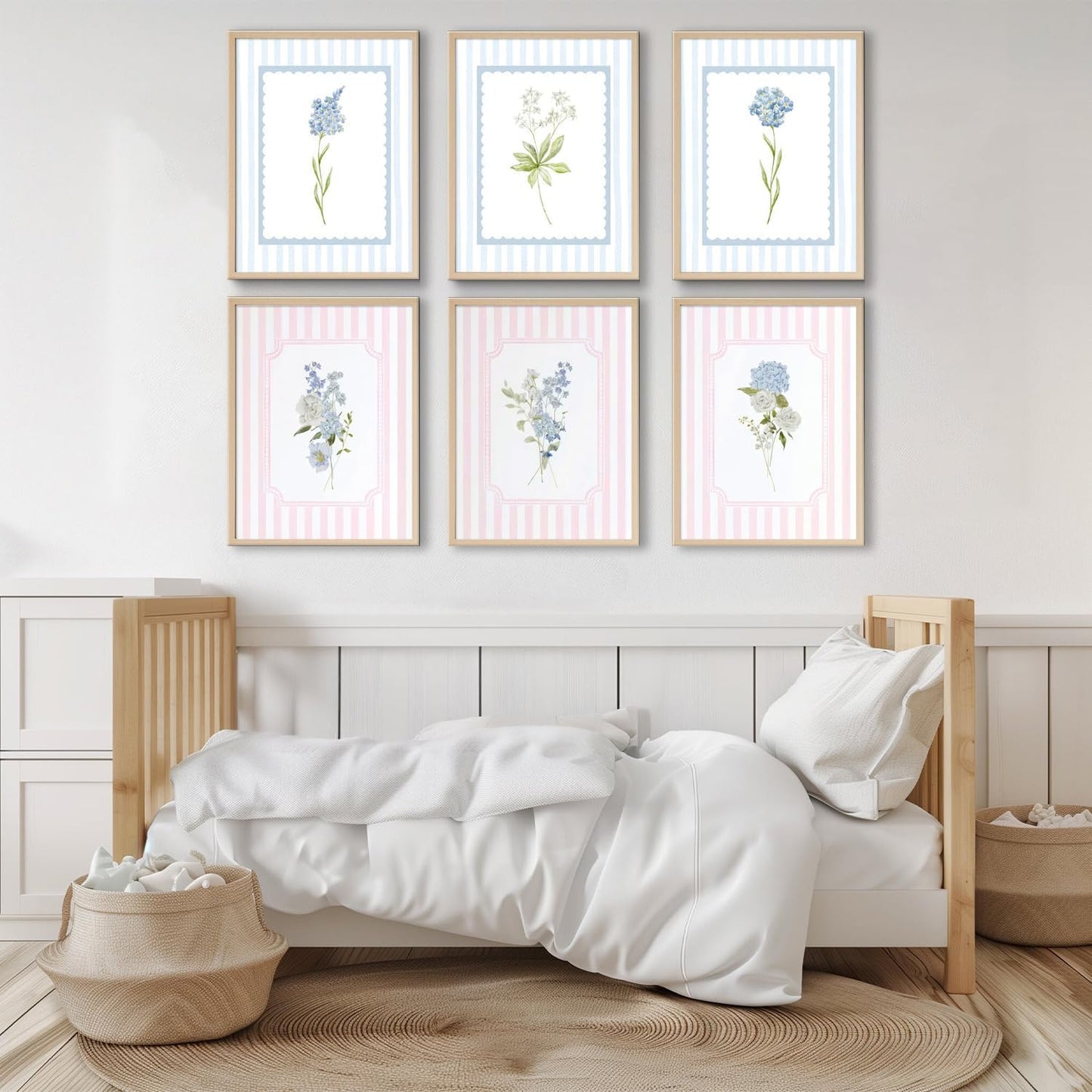 WNRTEKNK 6pcs Floral Nursery Wall Art Pink Blue Botanical Canvas Prints Flower Hydrangea Wall Decor Wildflower Pictures Pastel Wall Decor Painting for Girls Bedroom 8x10 Inch Posters Unframed