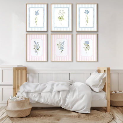 WNRTEKNK 6pcs Floral Nursery Wall Art Pink Blue Botanical Canvas Prints Flower Hydrangea Wall Decor Wildflower Pictures Pastel Wall Decor Painting for Girls Bedroom 8x10 Inch Posters Unframed