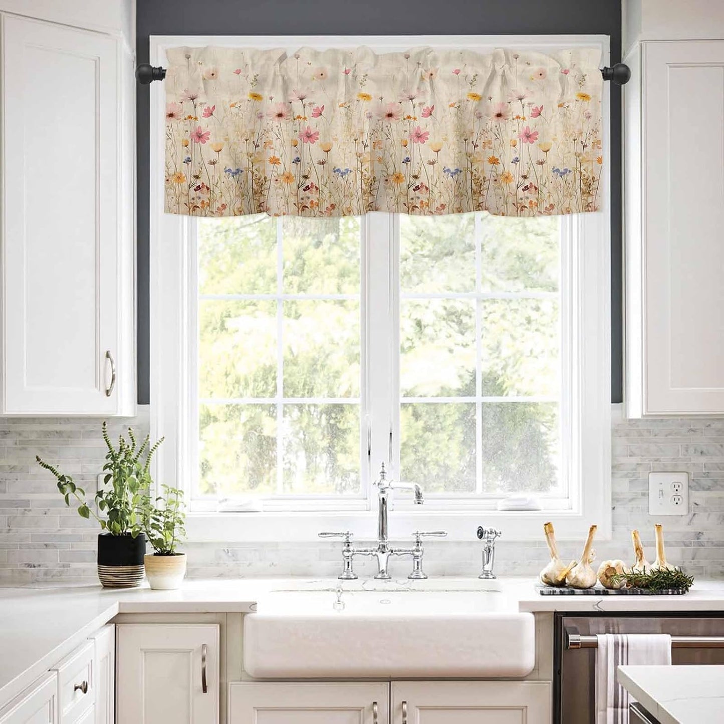 Yellow Pink Floral Valances Window Treatment Farmhouse Decor, Elegant Pastoral Spring Flower Pastoral Rod Pocket Valance Curtains for Living Room, Bedroom, Kitchen, 54" W x 18" L - 1 Panel