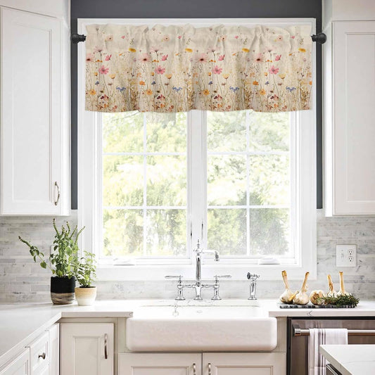 Yellow Pink Floral Valances Window Treatment Farmhouse Decor, Elegant Pastoral Spring Flower Pastoral Rod Pocket Valance Curtains for Living Room, Bedroom, Kitchen, 54" W x 18" L - 1 Panel
