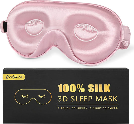 BeeVines Pure Silk 3D Contoured Sleep Mask for Women, Luxury 100% 22 Momme Mulberry Silk 3D Contoured Eye Mask for Lash Extensions, Zero Eye Pressure & Blackout(Pink)