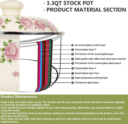 Retro Flower Enamel Stockpot with Lid,Stockpots for Cooking (Rose pink -3QT)