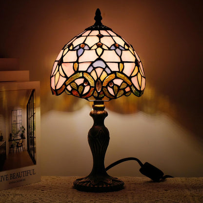 Small Tiffany Lamp Stained Glass Table Lamp Mini Desk Accent Light for Bedroom Bedside Reading Home Antique Style Decor 8X15 Inches (Pink Baroque)
