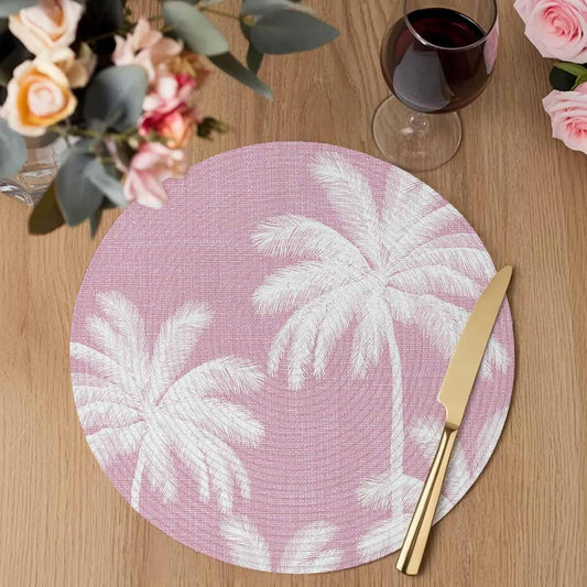 Round Placemats Set of 8 Tropical Palm Trees Place Mats Washable Woven Placemat Peach Pink Linen Coastal Circle Braided Table Mat for Kitchen Dining Table Party Home Decor 15 Inch