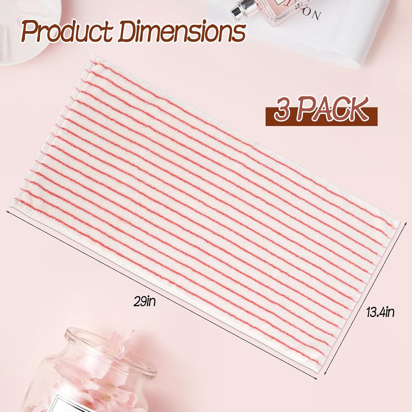 3 Pack Pink and White Striped Hand Towels 100% Cotton Absorbent Soft Decorative Towel for Bathroom Kitchen Home Hotel Beach, 29 x 13.4 Inches (Pink and White)