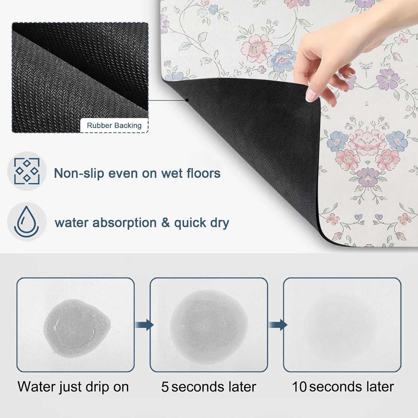 Blue Purple Flowers Dish Drying Mats for Kitchen Counter, Rustic Light Purple Blue Pink Floral Absorbent Coffee Bar Mat with Non-slip Rubber Backed Quick Drying Dish Rack Pad 16"x24"