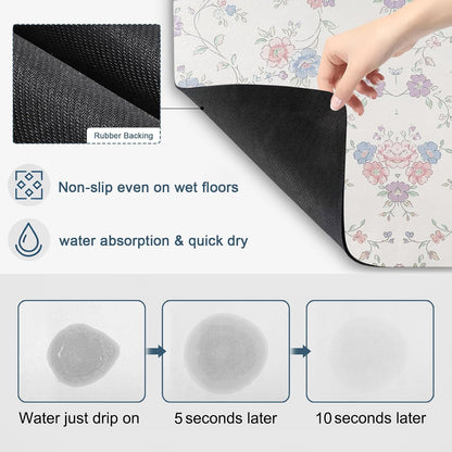Blue Purple Flowers Dish Drying Mats for Kitchen Counter, Rustic Light Purple Blue Pink Floral Absorbent Coffee Bar Mat with Non-slip Rubber Backed Quick Drying Dish Rack Pad 16"x24"
