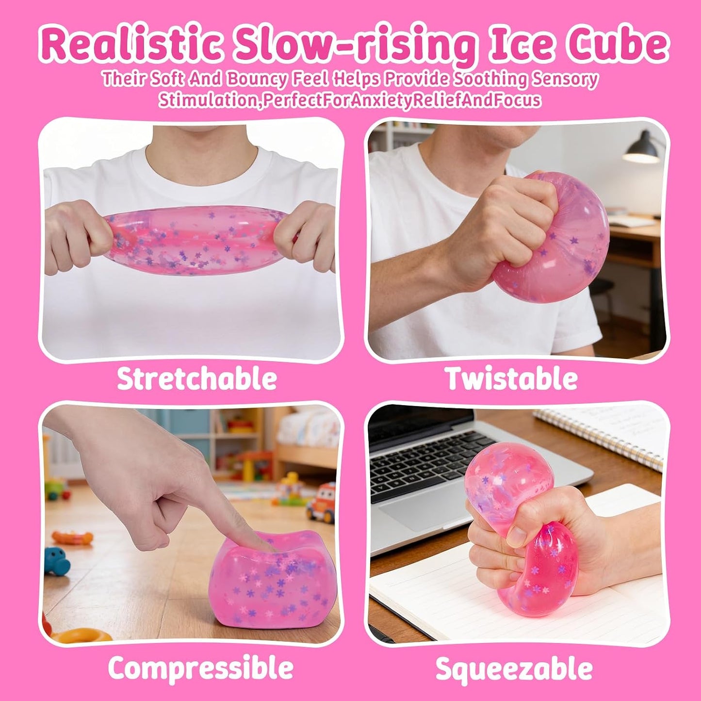 Squishy Ice Cube Fidget Toy,Large Snowflake Ice Cube Squeeze Toys, 2.76in Big Squishy Stress Cube, Soft & Durable Squeeze Toy for Boys & Girls Age 3+ and Adults (Pink)