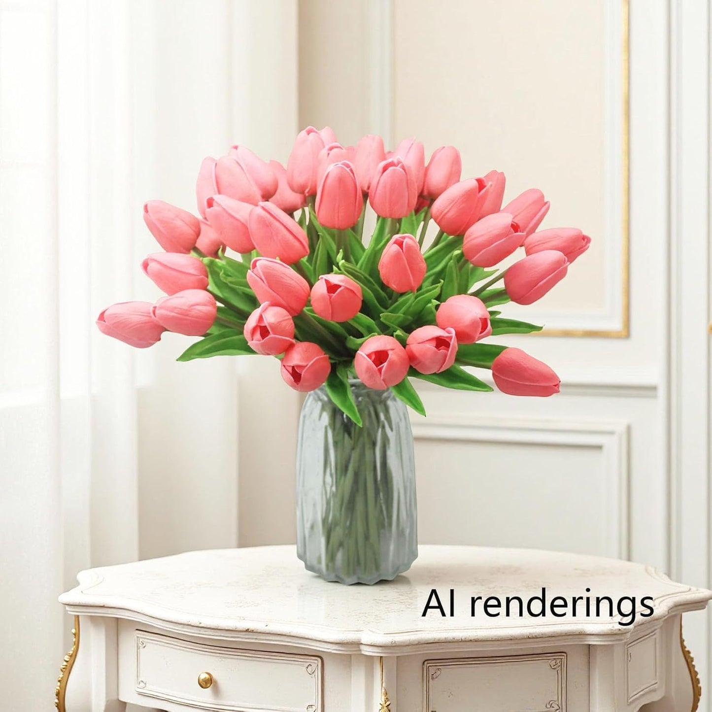 10-Heads Artificial Flowers PU Mini Real Touch Tulip Bouquets for Home Wedding Party Centerpiece Decoration (Coral)
