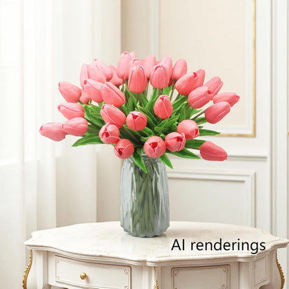 10-Heads Artificial Flowers PU Mini Real Touch Tulip Bouquets for Home Wedding Party Centerpiece Decoration (Coral)