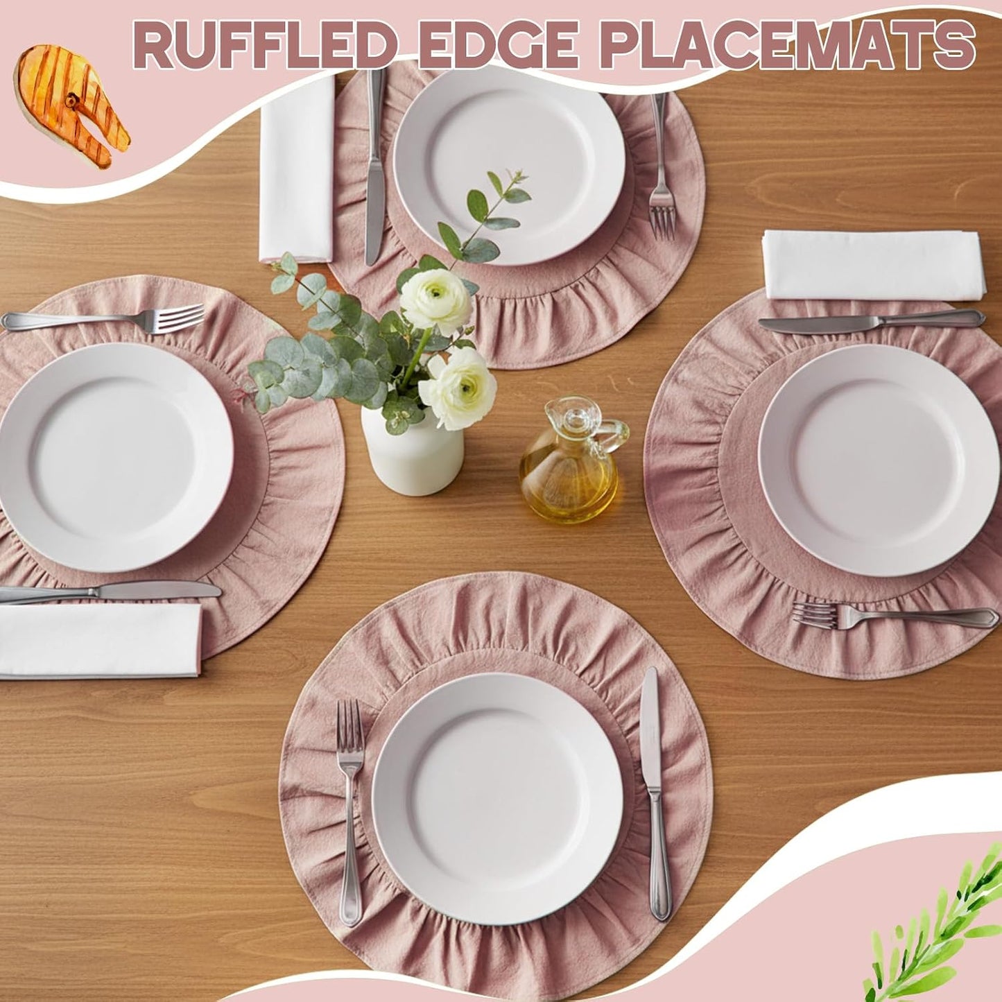 4 Pcs 15 Inch 100% Cotton Scalloped Round Placemats, Thin Pink Place Mats with Ruffle, Washable Placemats Table Mats for Kitchen Dining Holiday Gatherings Decor