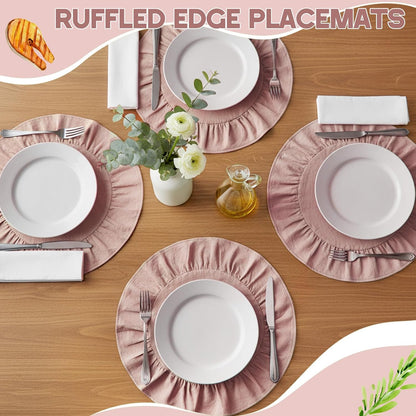 4 Pcs 15 Inch 100% Cotton Scalloped Round Placemats, Thin Pink Place Mats with Ruffle, Washable Placemats Table Mats for Kitchen Dining Holiday Gatherings Decor