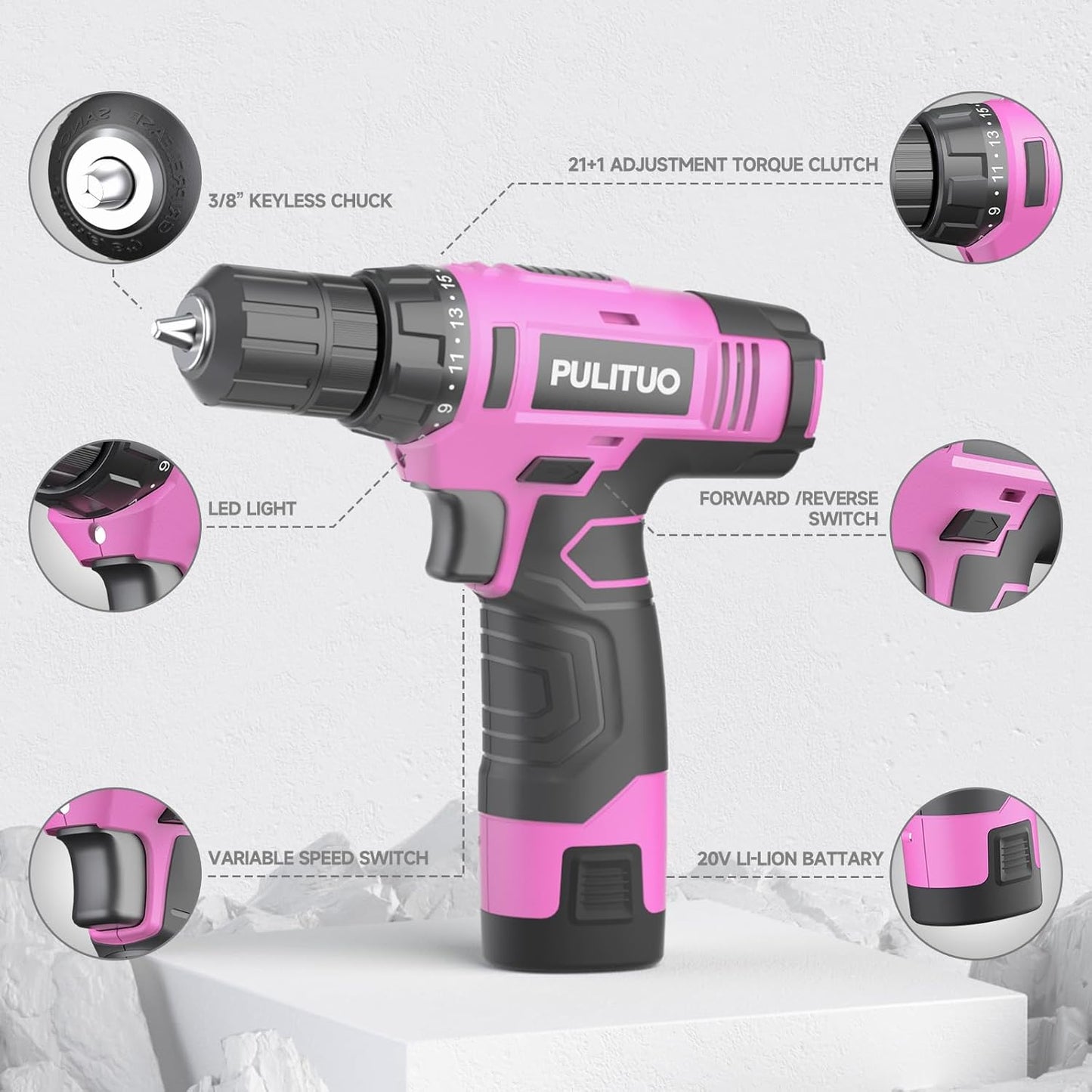 PULITUO 12V Pink Cordless Drill Set Power Drill Kit with Battery and Charger,electric drill home improvement,3/8-Inch Keyless Chuck,Built-in LED,21+1 Torque Setting