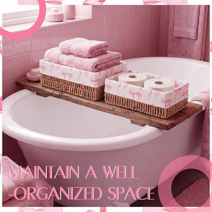 SiliFine Pink Bow Toilet Paper Storage Basket Set of 2 Chinoiserie Decorative Wicker Bathroom Organizer for Toilet Tank Trays Holder Bin for Shelves Fits with Any Bathroom Decorative