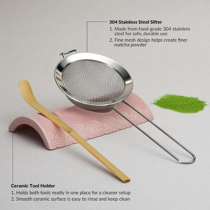 8 Pcs Matcha Whisk Set: Matcha Bowl, Whisk and Holder, Cleaning Brush, Bamboo Scoop, 304 Sifter, Tool Holder, Tea Mat – Matcha Set Kit Gifts for Women, Mom, Valentines Day (Pink)