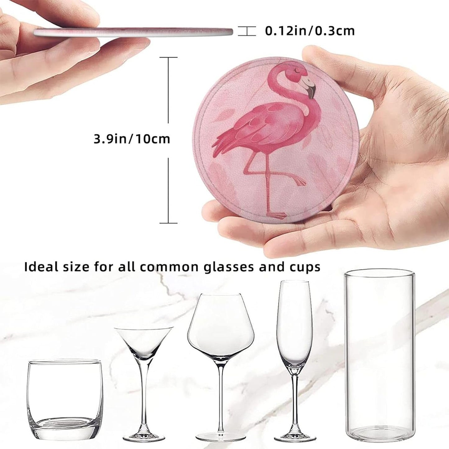 6 Pcs Pink Cute Flamingo Modern Art Boho Leather Coasters for Drinks with Holder Coaster Sets Drink Table Cup Coasters for Living Room Kitchen Coffee Decor