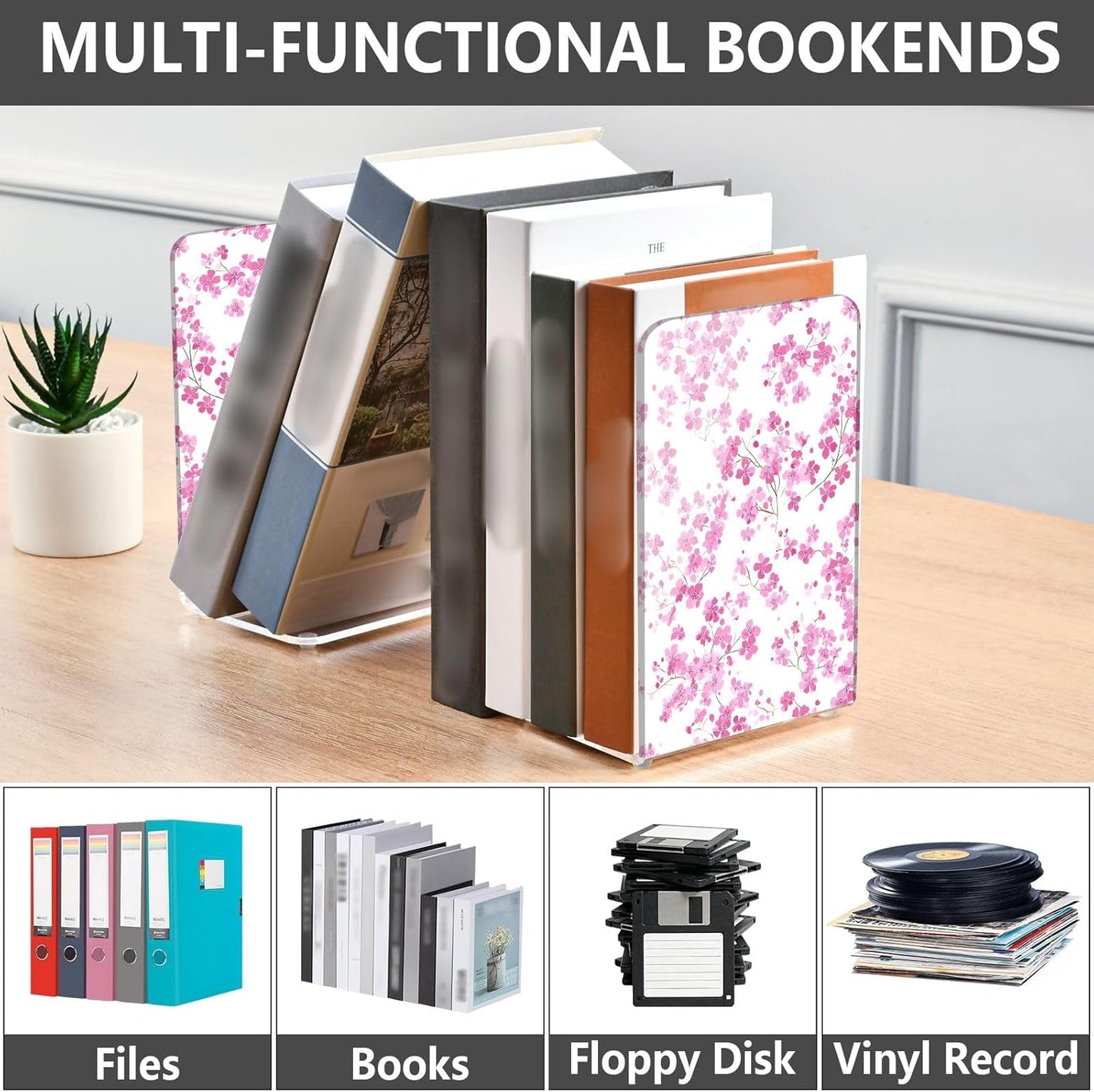 Light Pink Small Floral 8 Bookends Book Ends for Shelves Heavy Books Stopper Decorative Acrylic Non-Slip 1 Pair