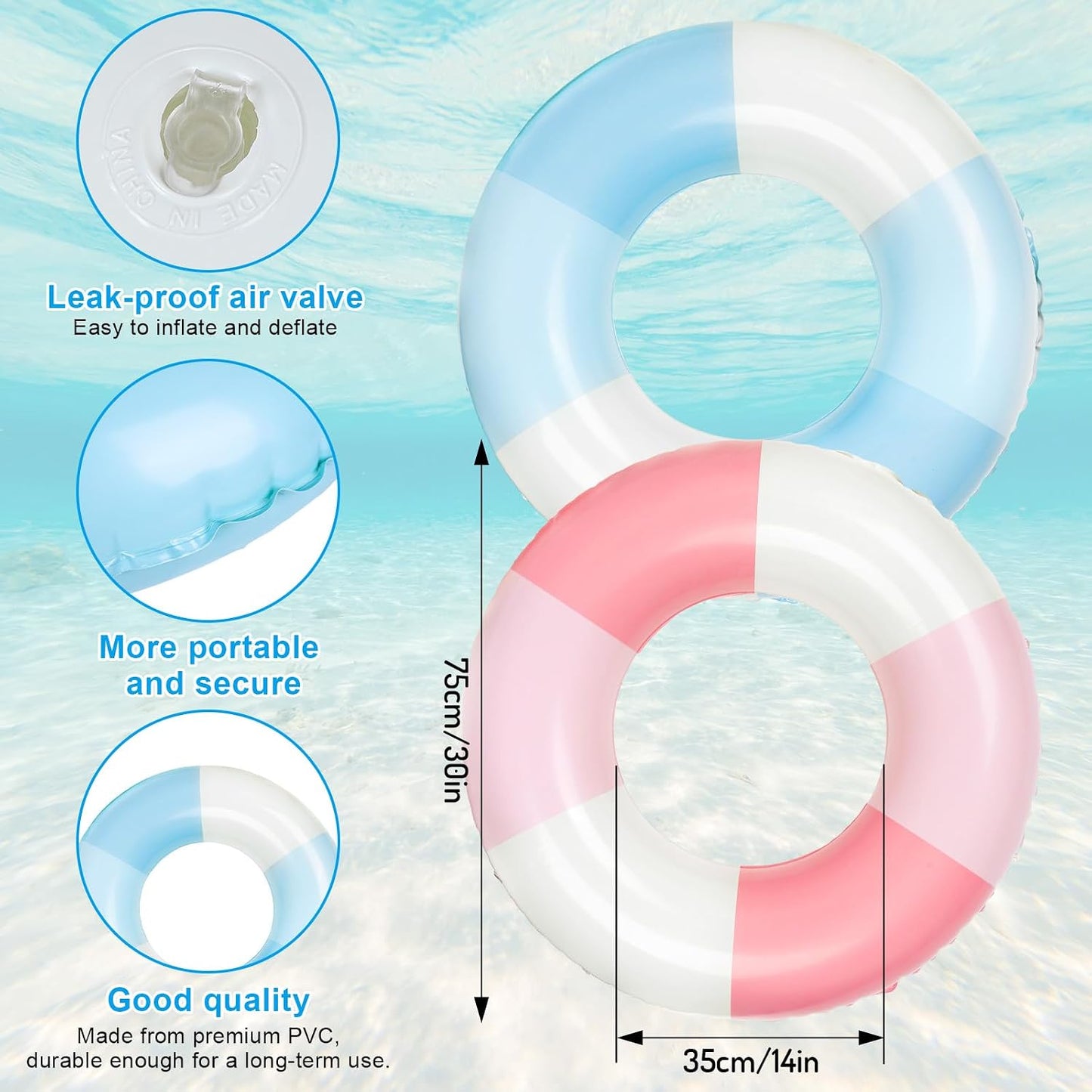 JarThenaAMCS 2Pcs Inflatable Pool Float Retro Striped Swim Rings Swimming Pool Tubes