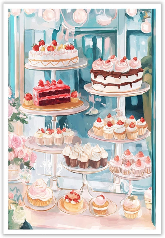 ECUASMR Trendy Cake Bakery Cafe Art Print Pink Kitchen Decor Cafe poster Danish Pastel Watercolor Painting Wall Decor for Preppy Coquette Room Girly Room and Children Room 12X16 in Unframed