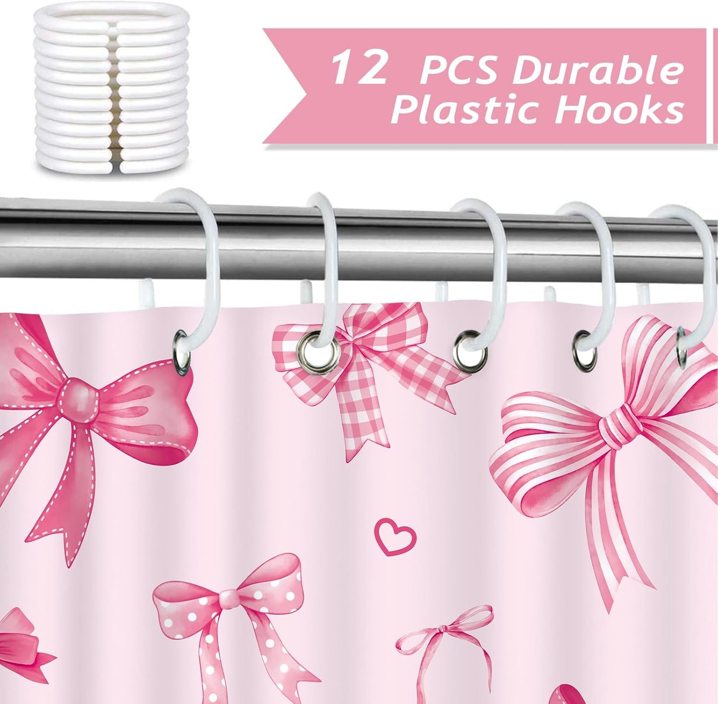 Bonhause Pink Bow Shower Curtain, Cute Cherry Heart Girly Coquette Bathroom Decor 72 x 72 Inch Polyester Fabric Waterproof Bath Curtain with 12 Hooks