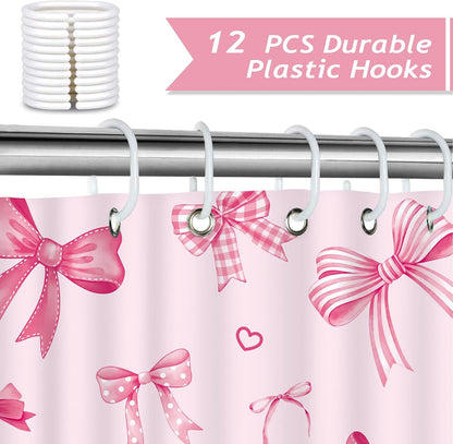 Bonhause Pink Bow Shower Curtain, Cute Cherry Heart Girly Coquette Bathroom Decor 72 x 72 Inch Polyester Fabric Waterproof Bath Curtain with 12 Hooks