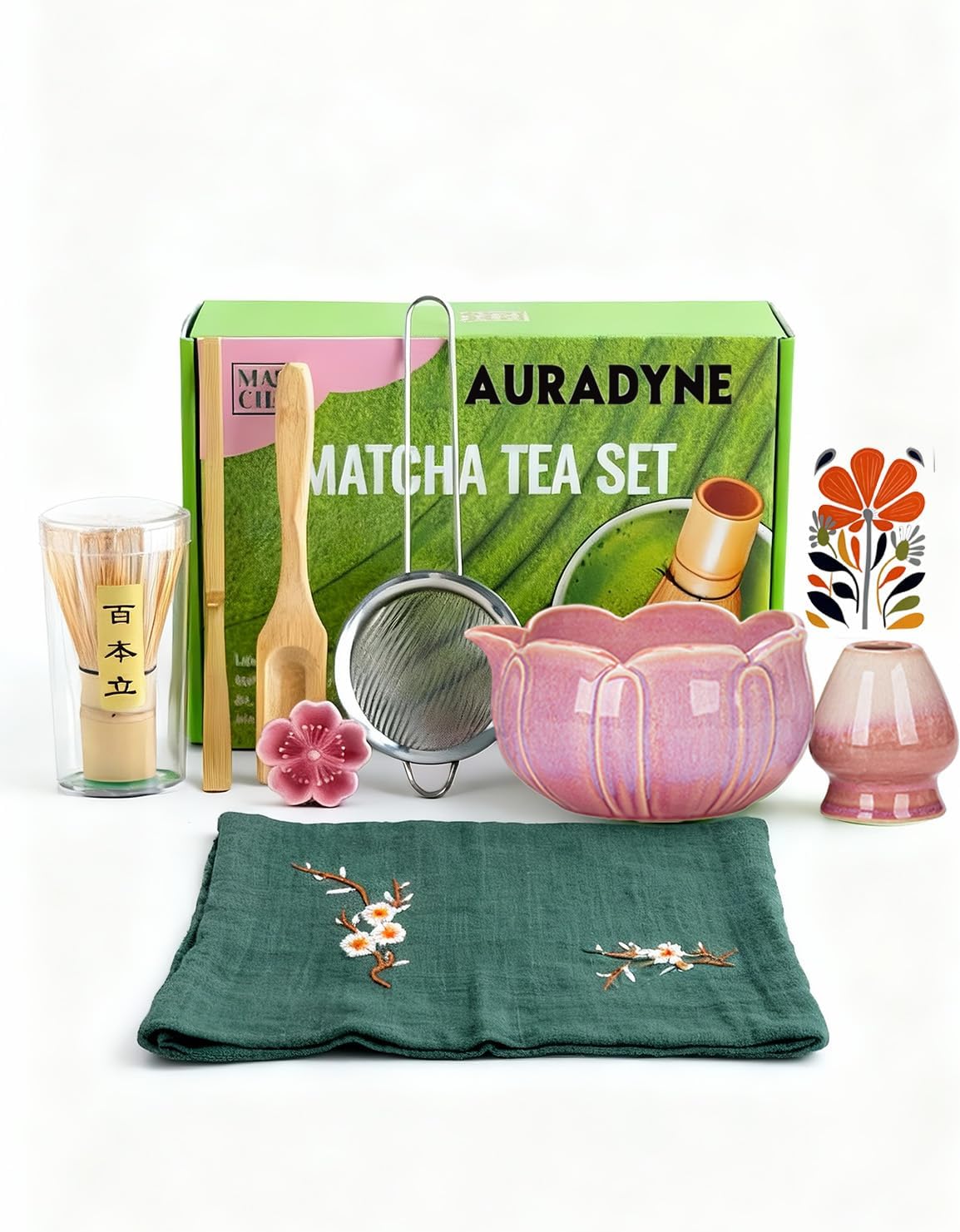 Matcha Set, 9 Pcs Lotus Matcha Whisk Set with Spout,18oz Ceramic Matcha Kit Chasen, Matcha Bowl Set Bamboo Japanese Matcha Making Kit, Cute Matcha Gifts Tools for Tea (Pink)