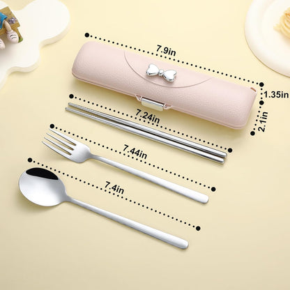 DEVICO Travel Silverware Set with Case, 4Pcs Portable Lunch Utensils Set for Work, Reusable Travel Cutlery Set, 18/8 Stainless Steel Flatware for Caming School Picnic, Dishwasher Safe (Pink)