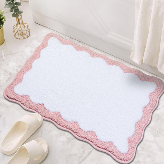Pink Bathroom Rugs Soft Non Slip Pink Bath Mat Irregular Shaped Scalloped Bath Mat for Preppy Bedroom Decor Aesthetic Luxury Microfiber Machine Washable Funky Cute Rug for Bedroom Tub Shower 16" x 24"