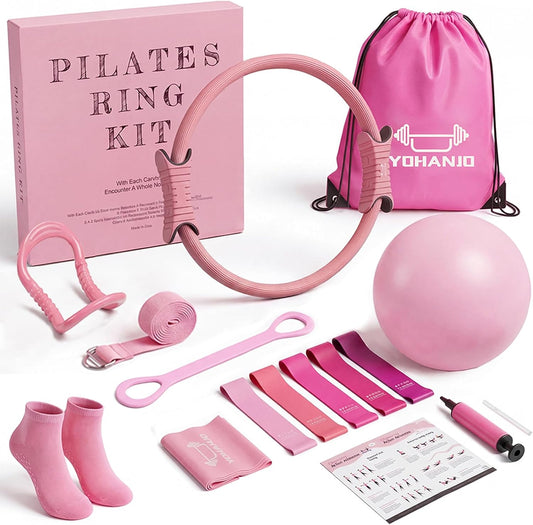 Pink Pilates Kit for Women, Pilates Equipment Set with Ring, Exercise Ball, 5 Resistance Bands, Non-Slip Socks & Bag, Full Body Sculpting & Toning Home Pilate Workout Set