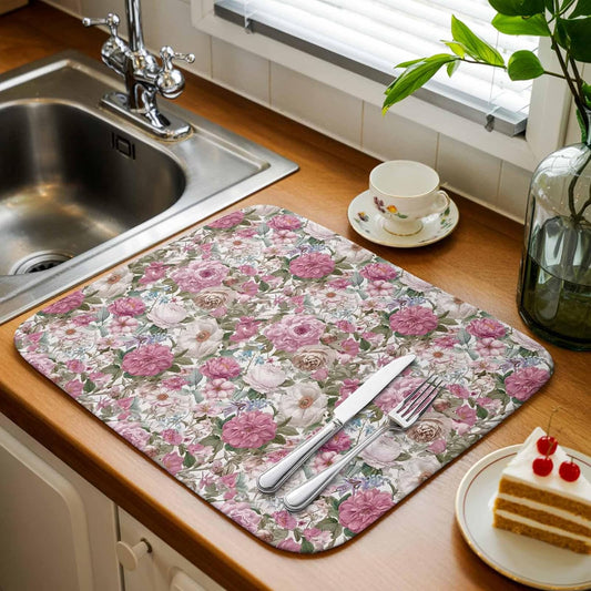 Light Pink Spring Floral Dish Drying Mat for Kitchen Counter, Microfiber Dishes Drainer Mat Rack Pad, Vintage Summer Botanical Absorbent Dish Bottle Drying Mats, 16''x18'', 1 Pack